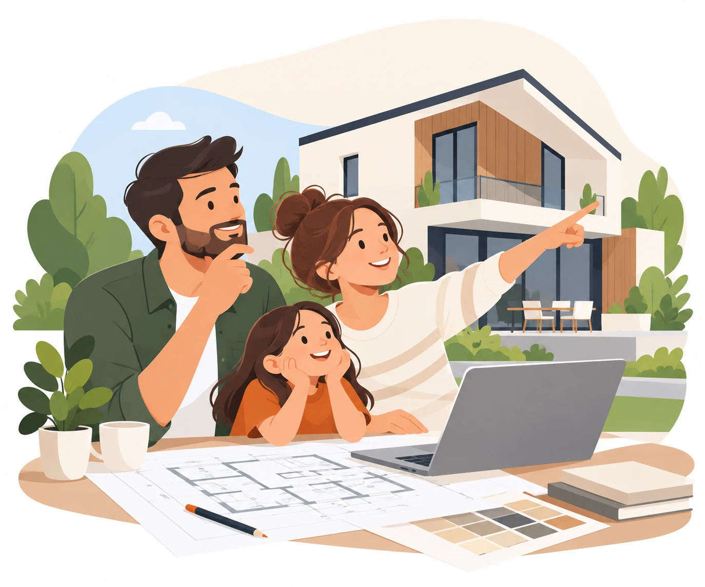 Famille planifiant leur projet de maison en Bretagne